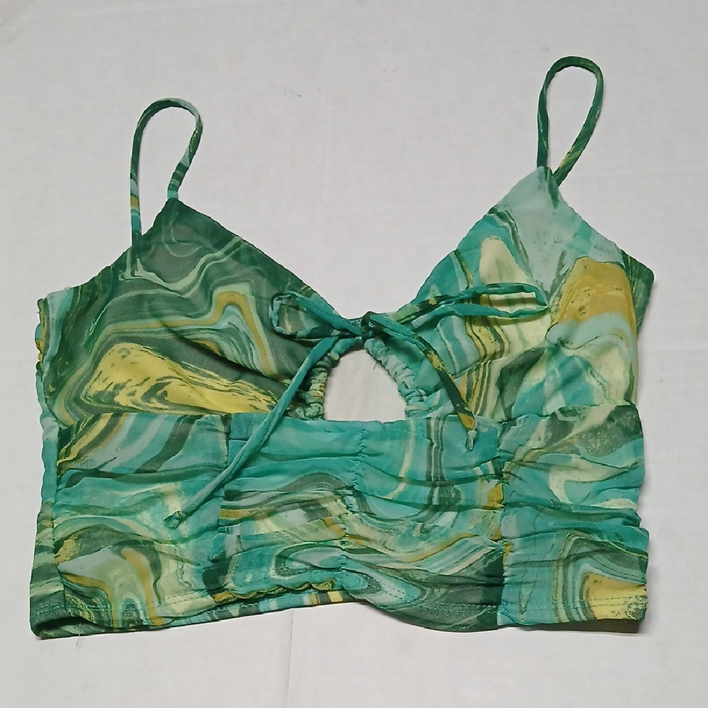 Heart & Hips Marble Swirl Ruched Mesh Cami Crop Top Tank Green Blue Yellow Sz L